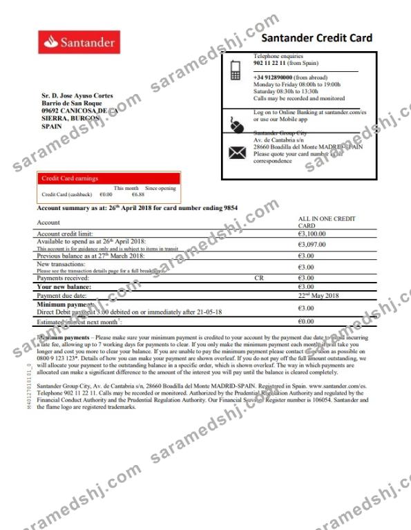 Spain Santander credit card proof of address bank statement in Word and PDF format
